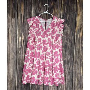Spin USA Womens Mini Dress XL White w/ Pink Floral Print V-Neck Linen